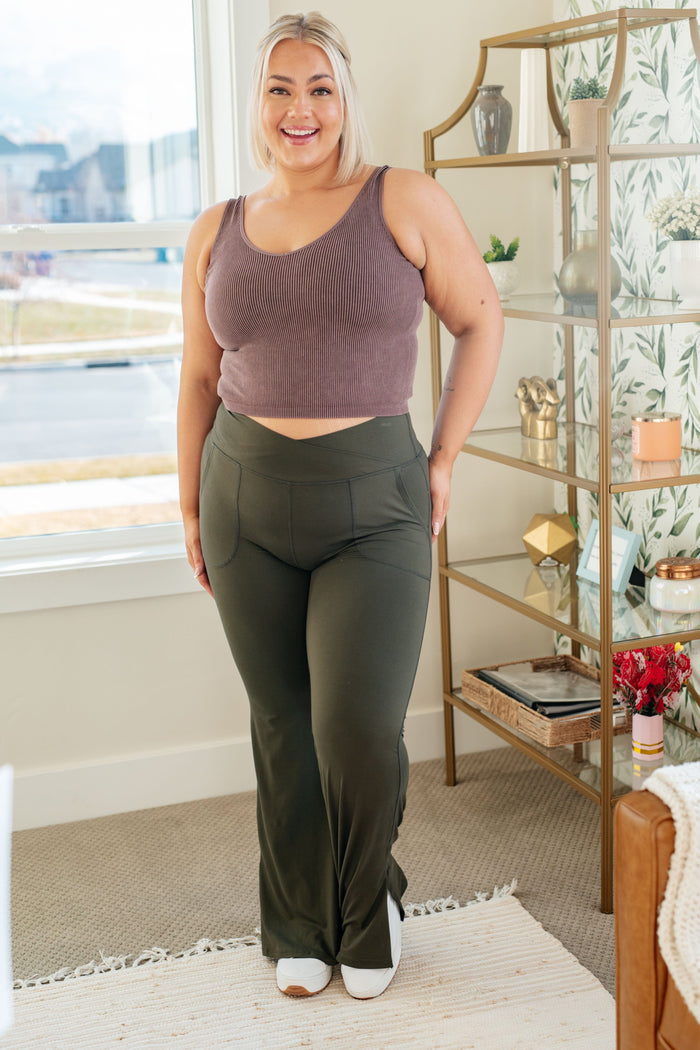 On the Move V Front Flare Leggings in Olive Womens Ave Shops 