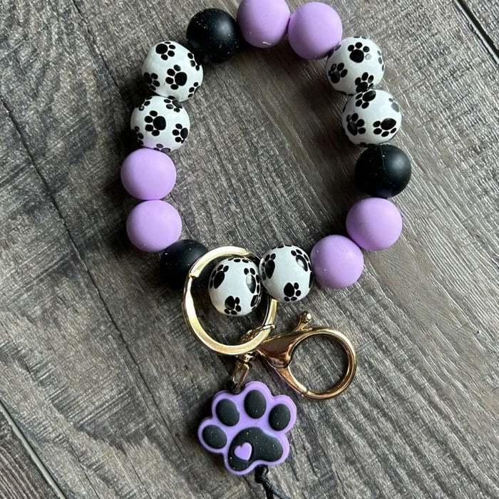 Paw Print Silicone and Wooden Bead Wristlet Keychain keychain Jillian Ink 