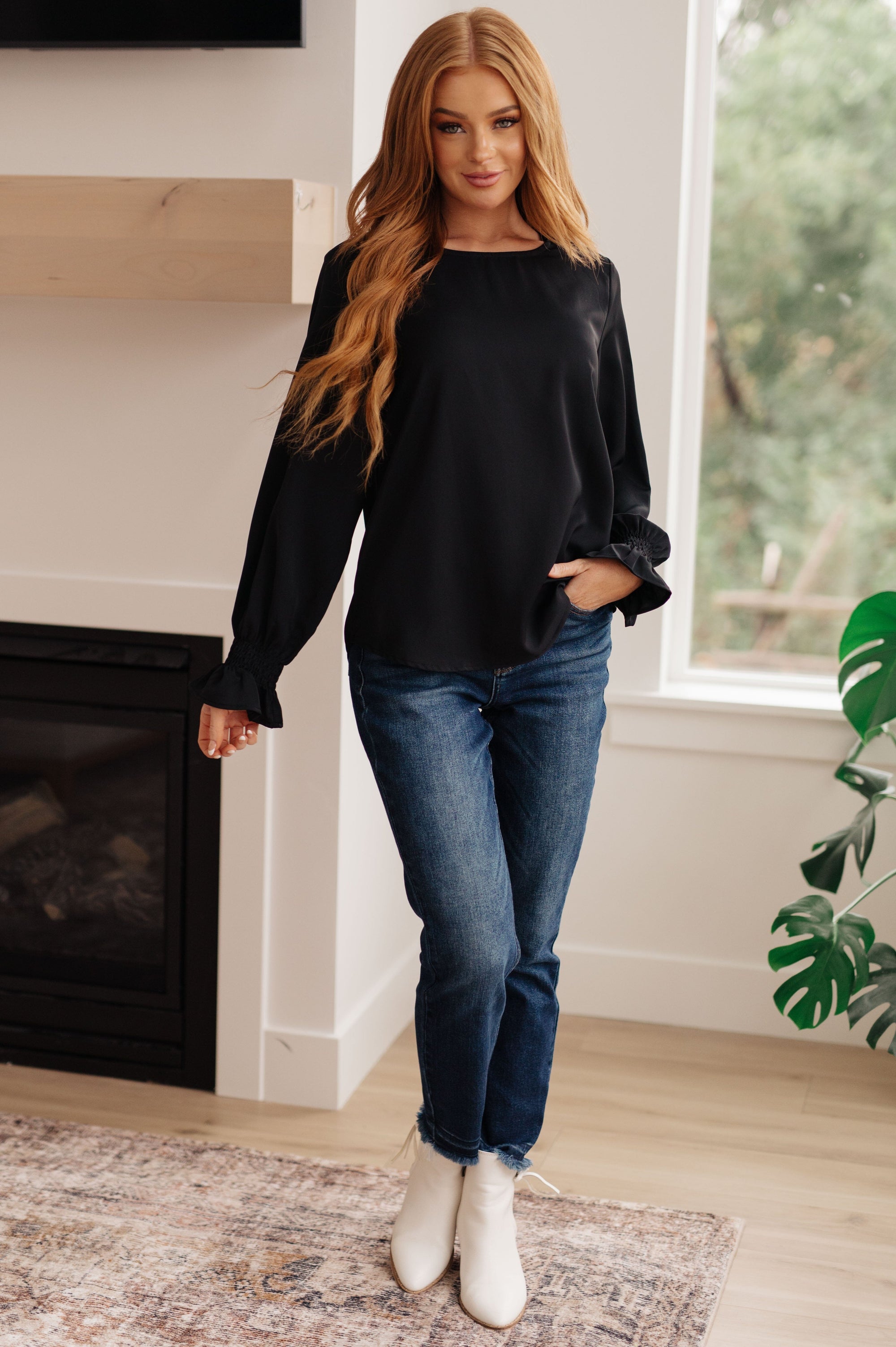 Peaceful Moments Smocked Sleeve Blouse in Black Womens Ave Shops 