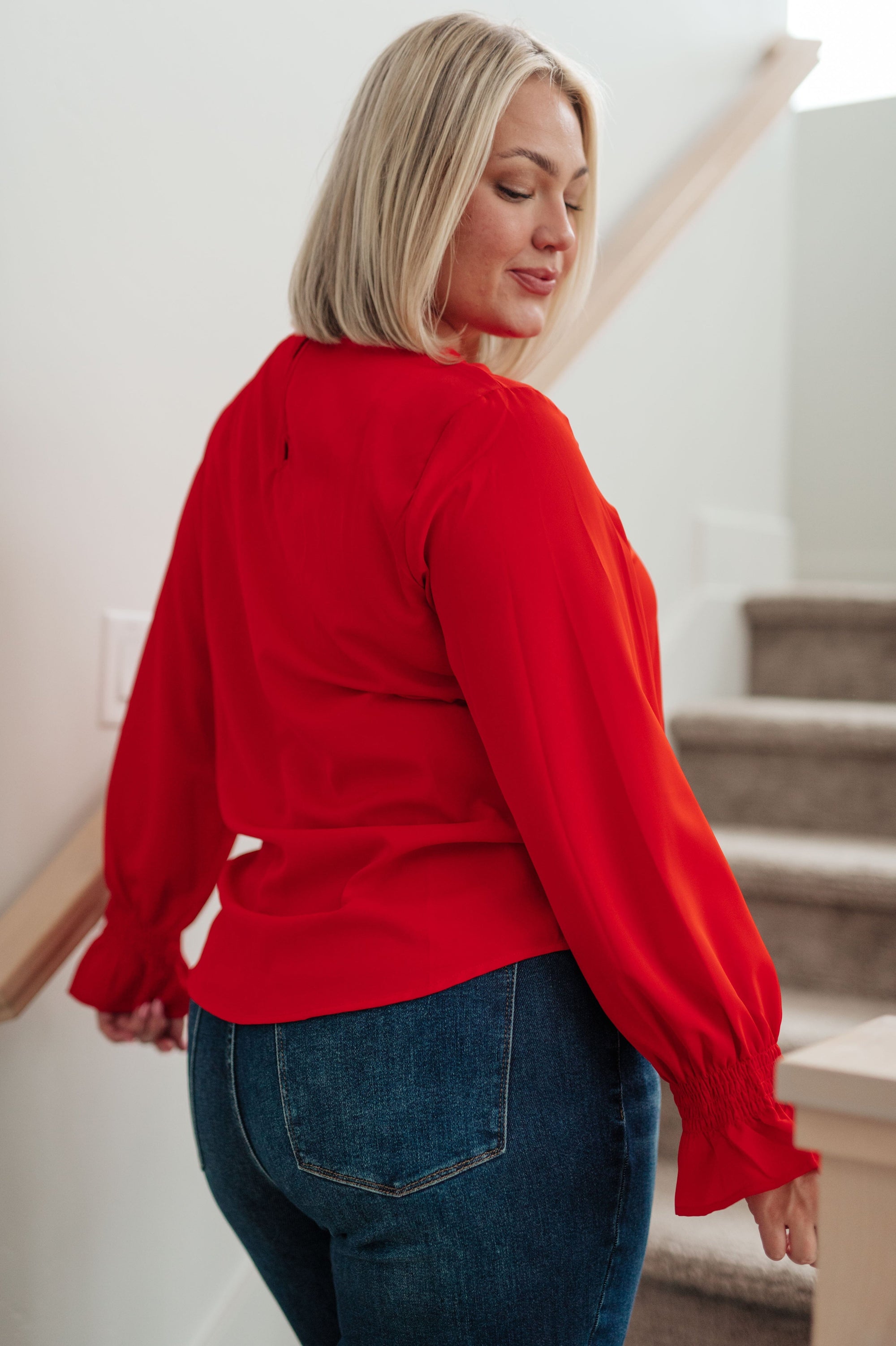 Peaceful Moments Smocked Sleeve Blouse in Red Womens Ave Shops 