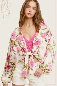 Pearl Shinny Fabric Floral Pattern Front Tie Blouse Shirts & Tops La Miel 