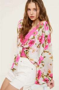 Pearl Shinny Fabric Floral Pattern Front Tie Blouse Shirts & Tops La Miel 