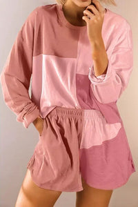Pink Colorblock Patchwork Long Sleeve Top and Shorts Set Outfit sets LA Society 