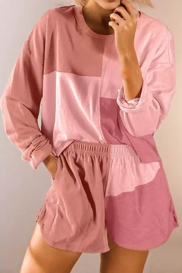 Pink Colorblock Patchwork Long Sleeve Top and Shorts Set Outfit sets LA Society 