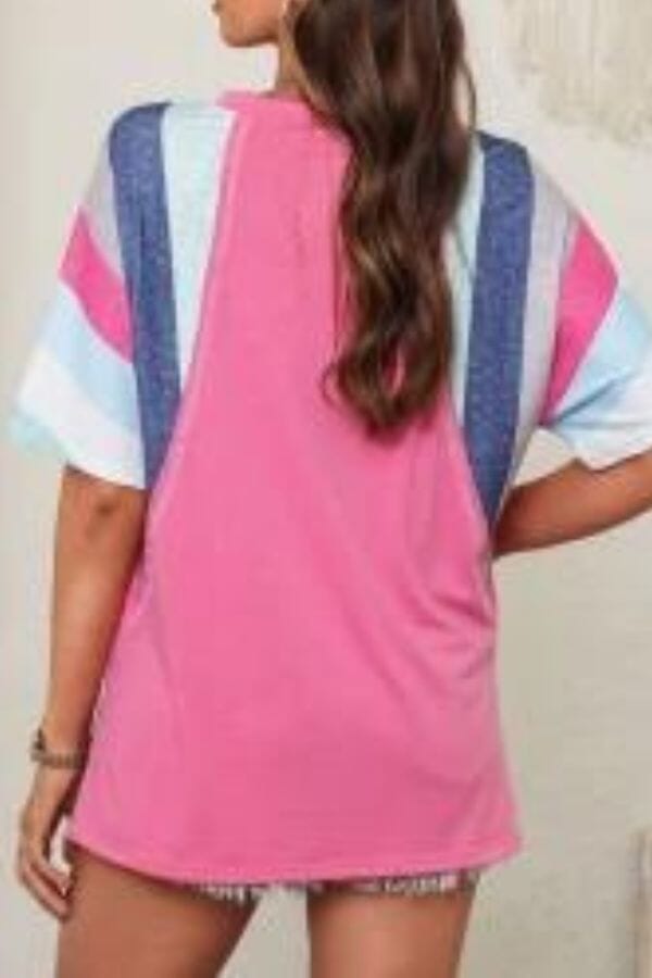 Pink Marie Patchwork V Neck Shirt Shirts & Tops Threaded Pear 