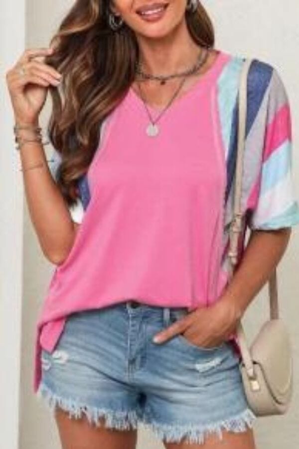 Pink Marie Patchwork V Neck Shirt Shirts & Tops Threaded Pear 