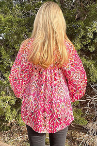 Pink Satin Print V-Notched Long Sleeve Top Shirts & Tops Umgee 