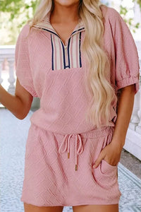 Pink Striped Collared Zip Up Textured Skirt Set skirt set Little Daisy Closet 
