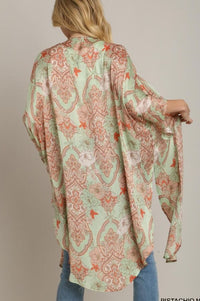 Pistachio Mixed Print Open Front Kimono with 3/4 Ruffle Sleeves & Side Slit Kimonos Umgee 