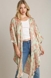 Pistachio Mixed Print Open Front Kimono with 3/4 Ruffle Sleeves & Side Slit Kimonos Umgee 