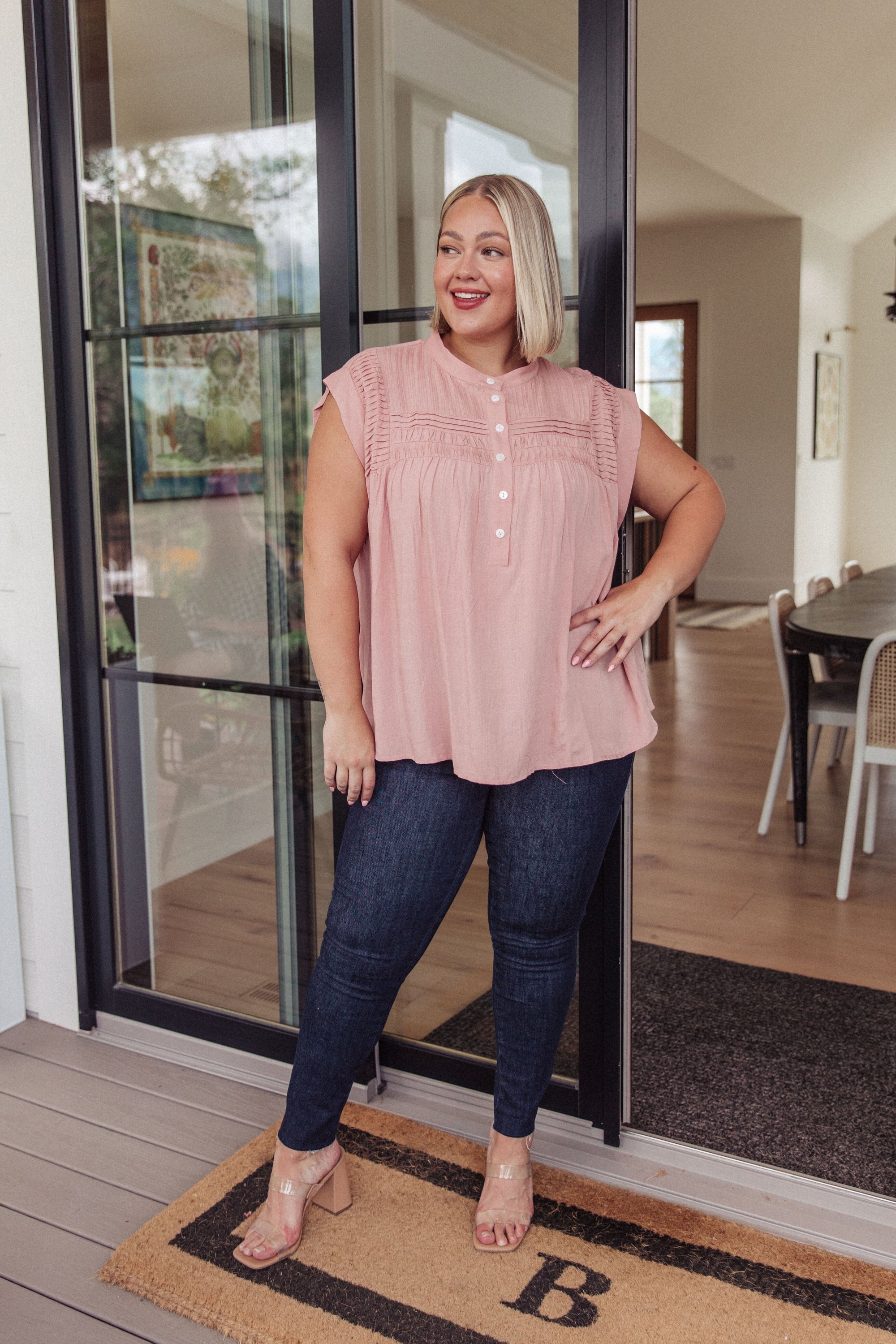 Pleat Detail Button Up Blouse in Pink Tops Ave Shops 