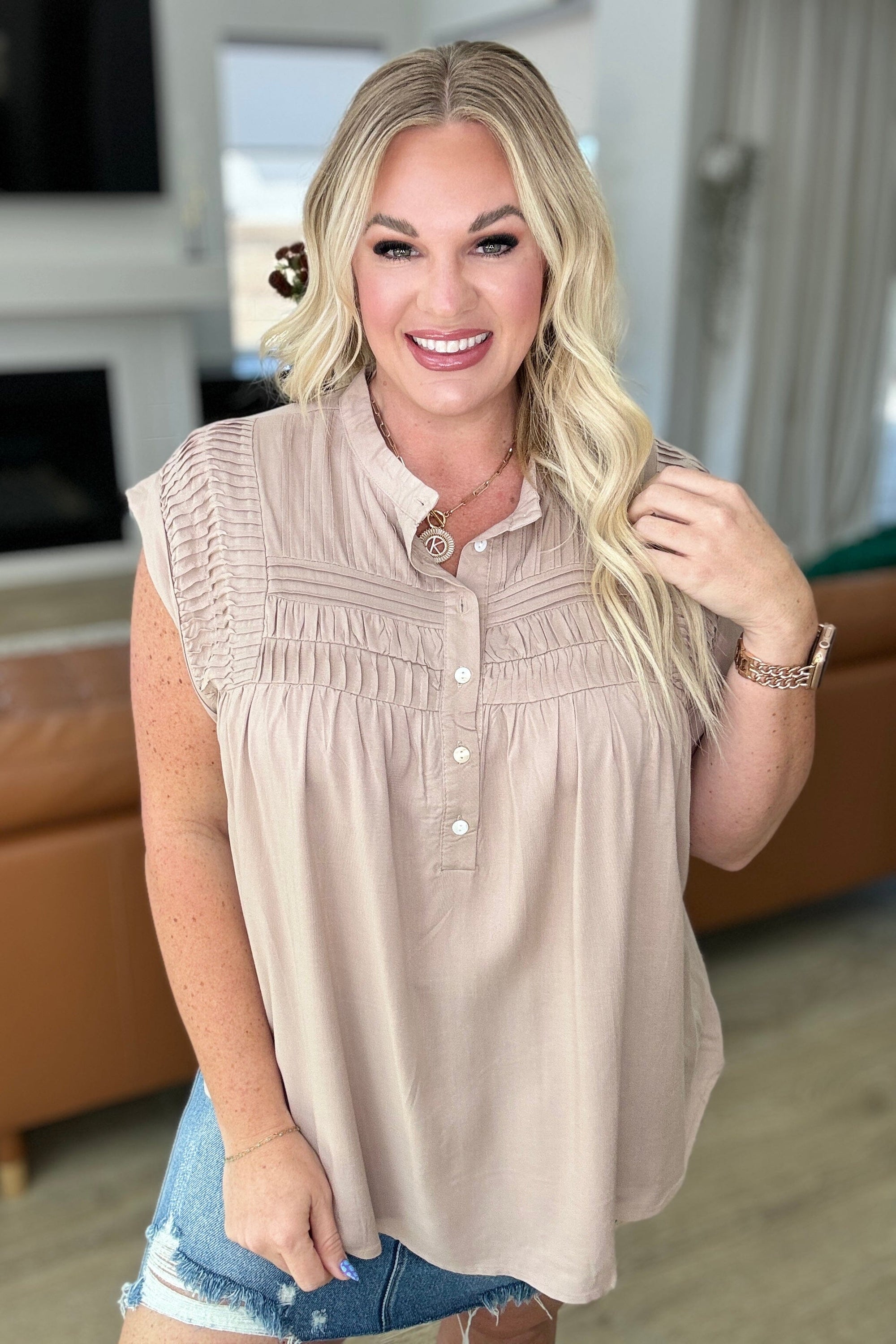 Pleat Detail Button Up Blouse in Taupe Tops Ave Shops 