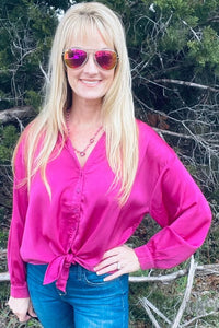 Raspberry Satin Button Down Front Tie Blouse Shirts & Tops Umgee 