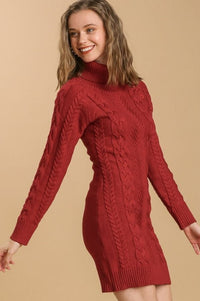 Red Cable Knit Sweater Dress with Turtle Neck Dress Umgee 