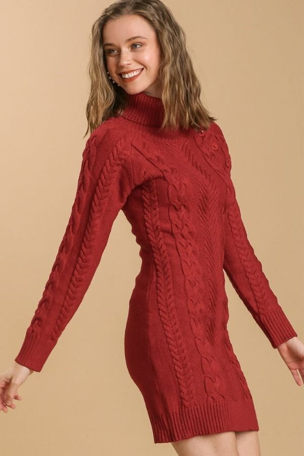 Red Cable Knit Sweater Dress with Turtle Neck Red Cable Knit Sweater Dress with Turtle Neck