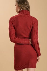 Red Cable Knit Sweater Dress with Turtle Neck Dress Umgee 