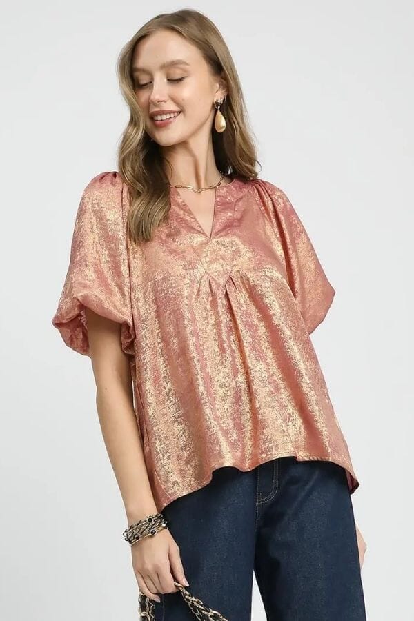 Rose Gold Metallic Puff Sleeve Blouse Shirts & Tops Umgee 