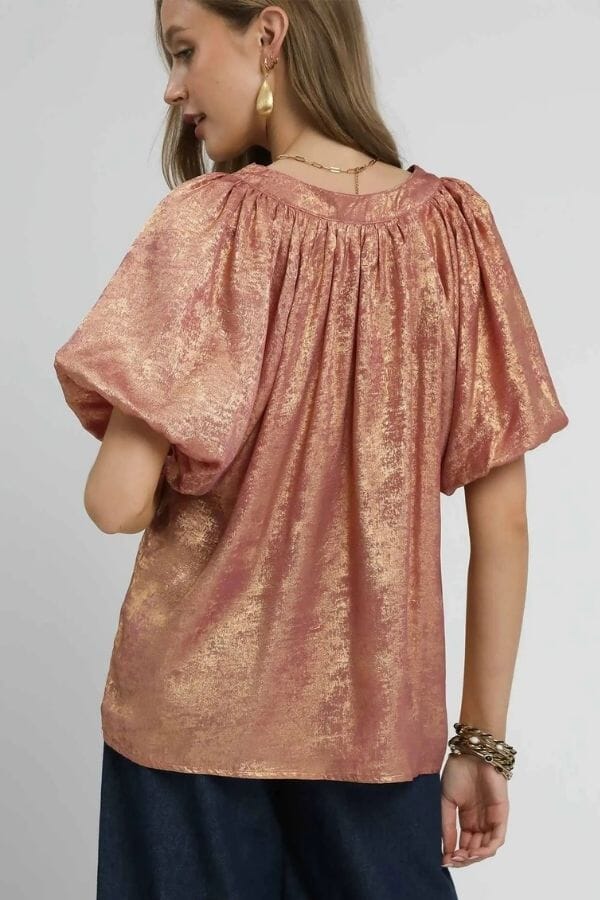 Rose Gold Metallic Puff Sleeve Blouse Shirts & Tops Umgee 