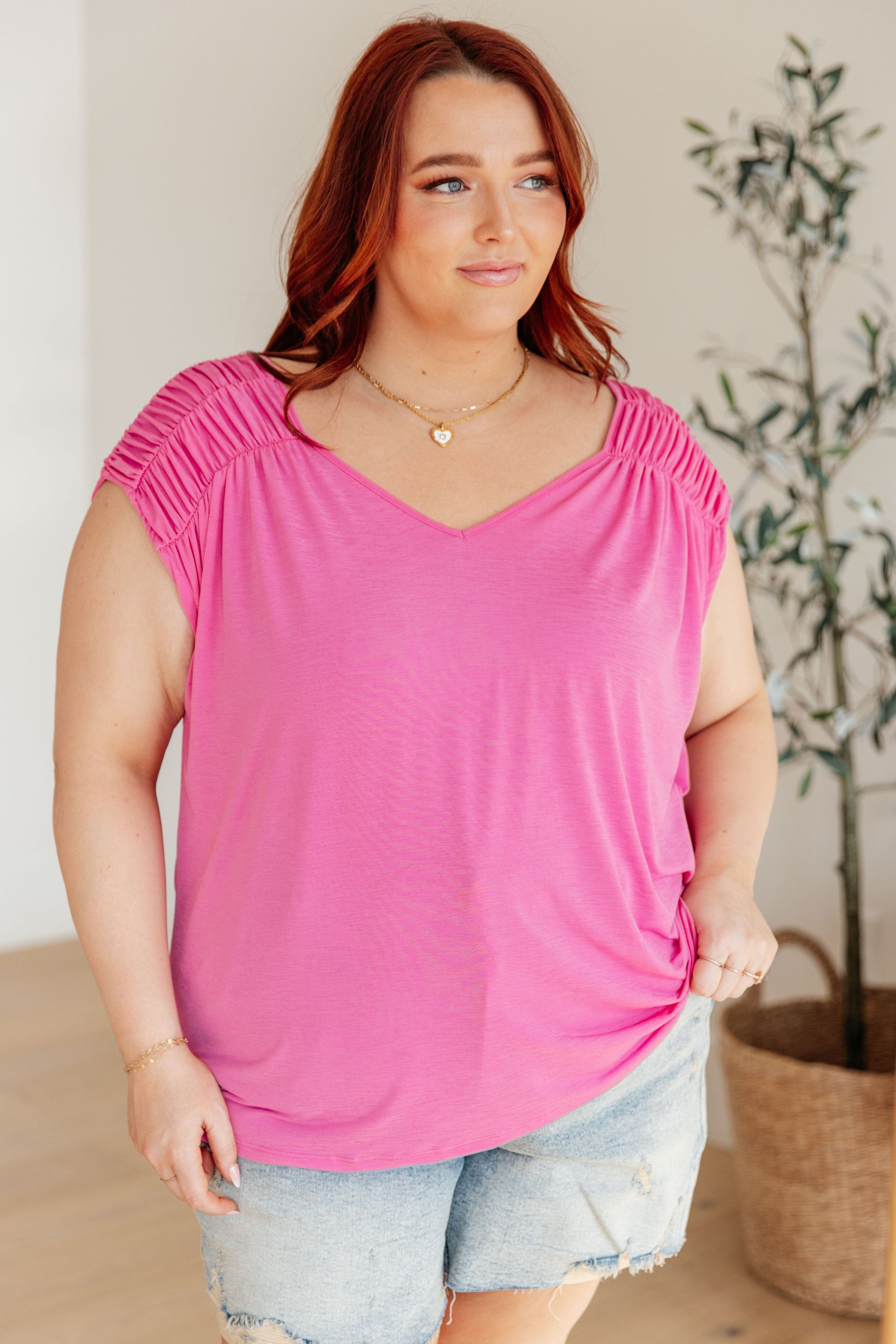 Ruched Cap Sleeve Top in Magenta Womens Ave Shops 