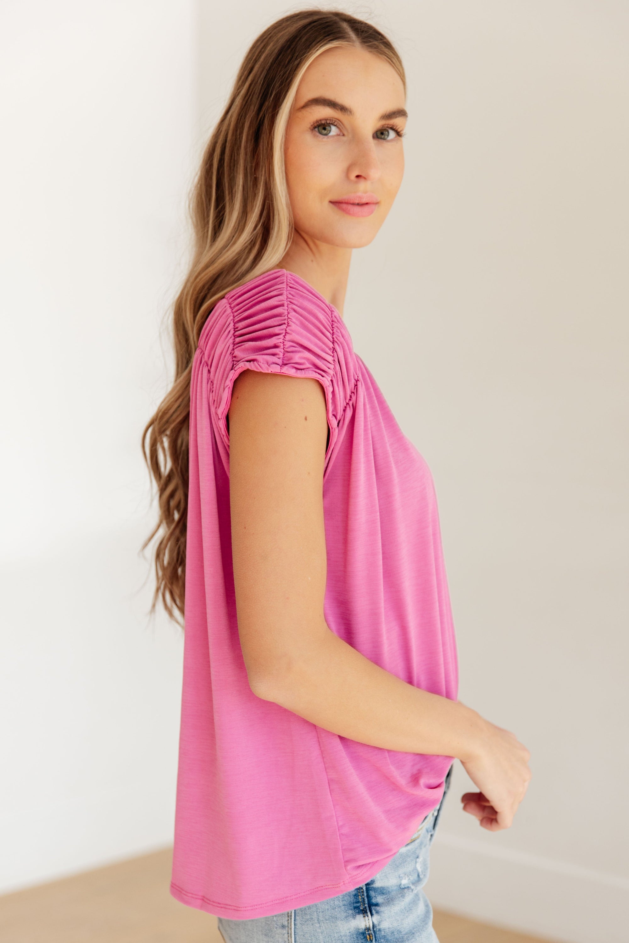 Ruched Cap Sleeve Top in Magenta Womens Ave Shops 