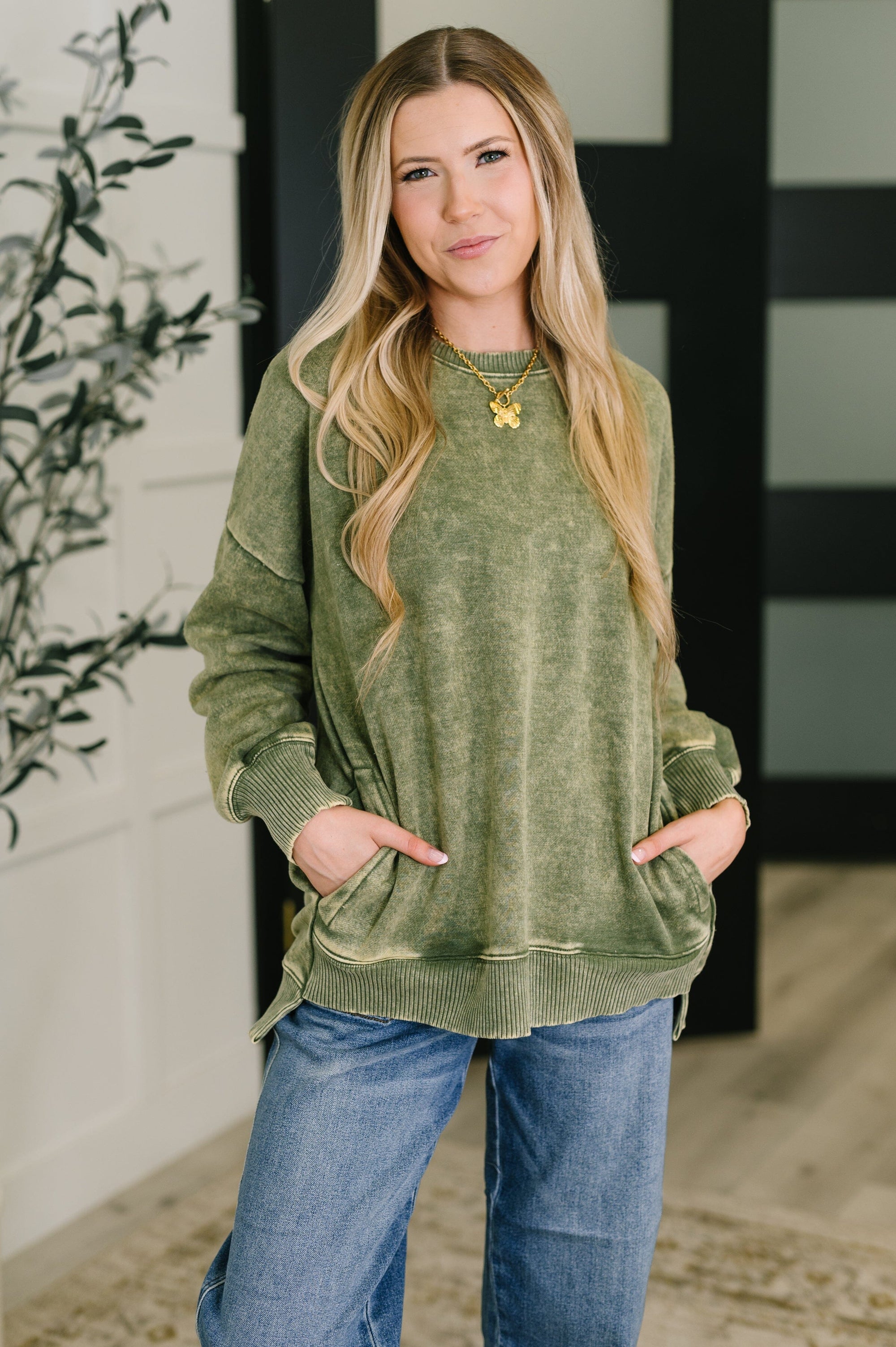 Safe and Secure Mineral Wash Pullover in Light Olive Womens Ave Shops 