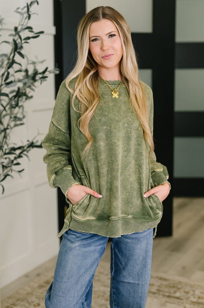 Safe and Secure Mineral Wash Pullover in Light Olive Womens Ave Shops 