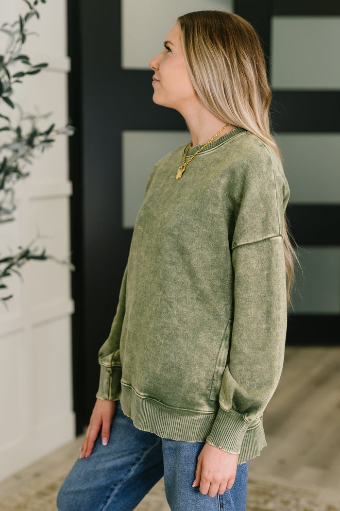 Safe and Secure Mineral Wash Pullover in Light Olive Womens Ave Shops 