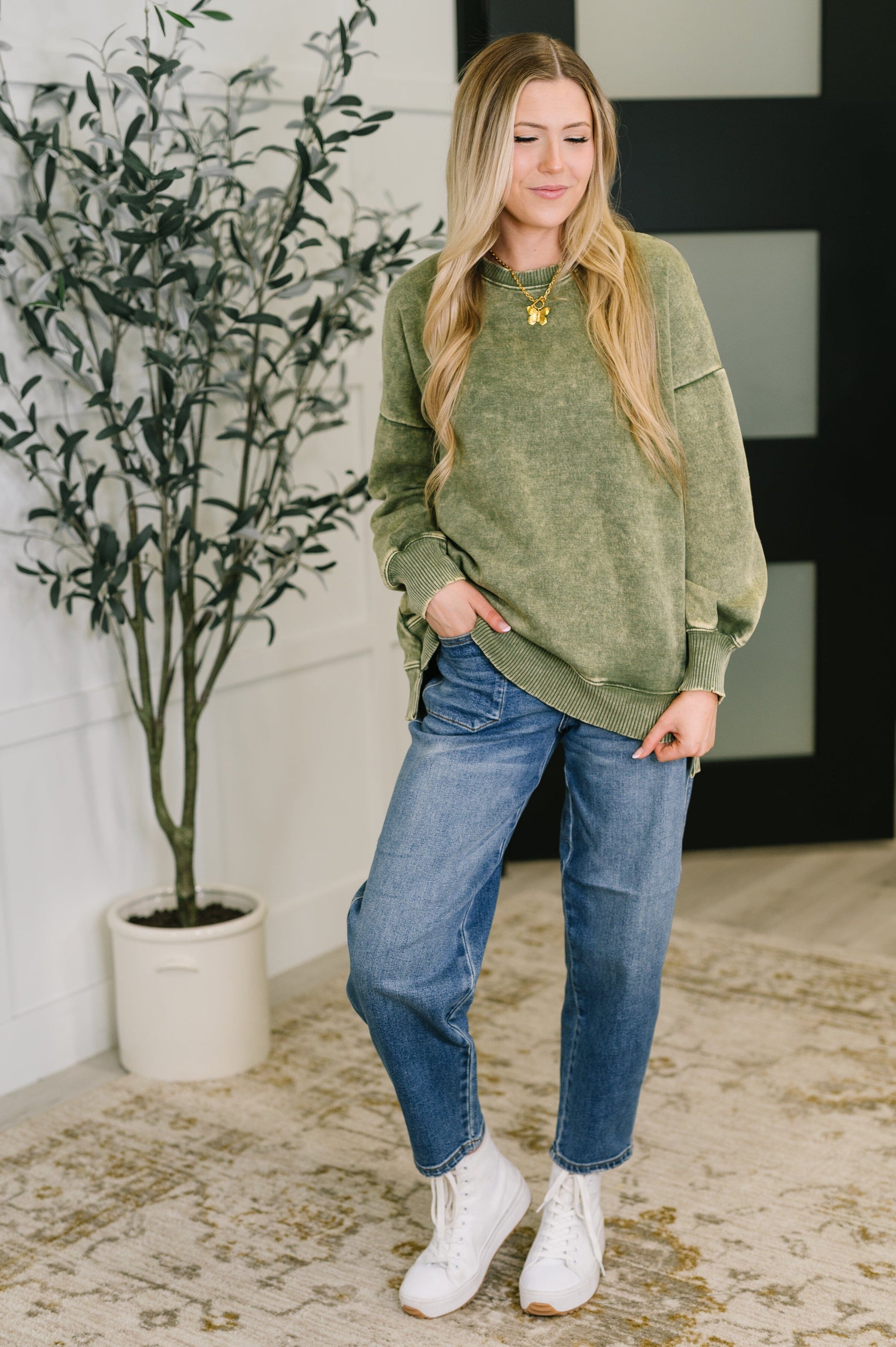 Safe and Secure Mineral Wash Pullover in Light Olive Womens Ave Shops 