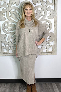 Sand Ribbed Knit Long Sleeve Cowl Neck Top with Side Slits Shirts & Tops Umgee 