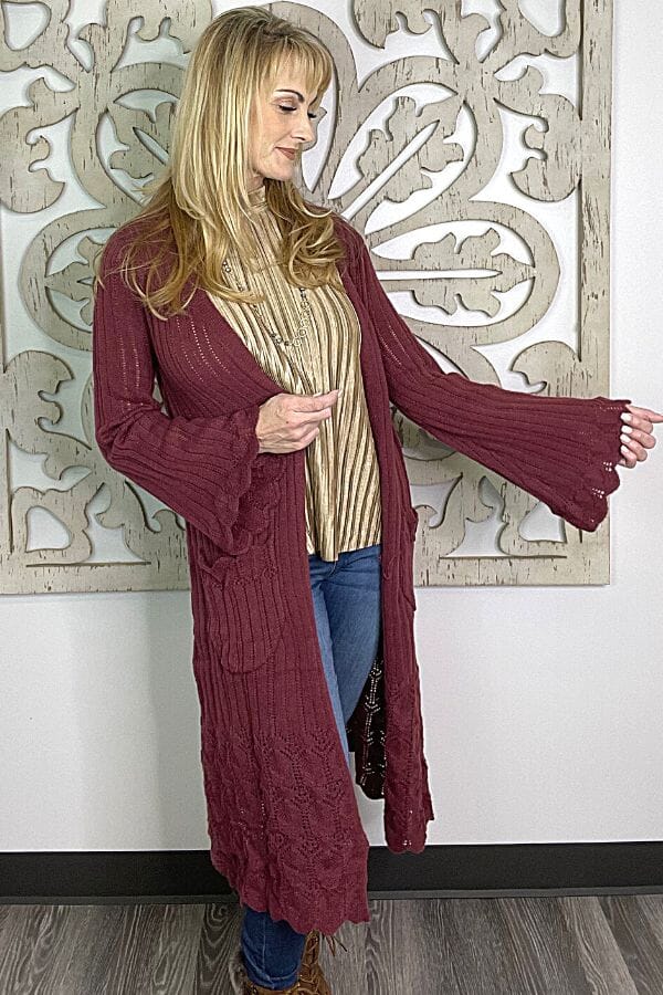 Sangria Solid Scallop Body & Sleeve Hem Sweater Cardigan Outerwear Jacket Umgee 