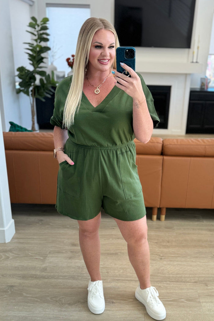 Short Sleeve V-Neck Romper in Army Green Jumpsuits & Rompers Ave Shops 
