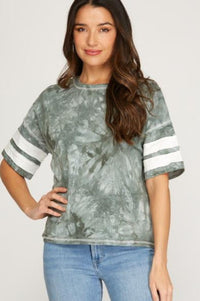 Slate Short Sleeve Knit Tie Dyed Print Top Shirts & Tops She and Sky 