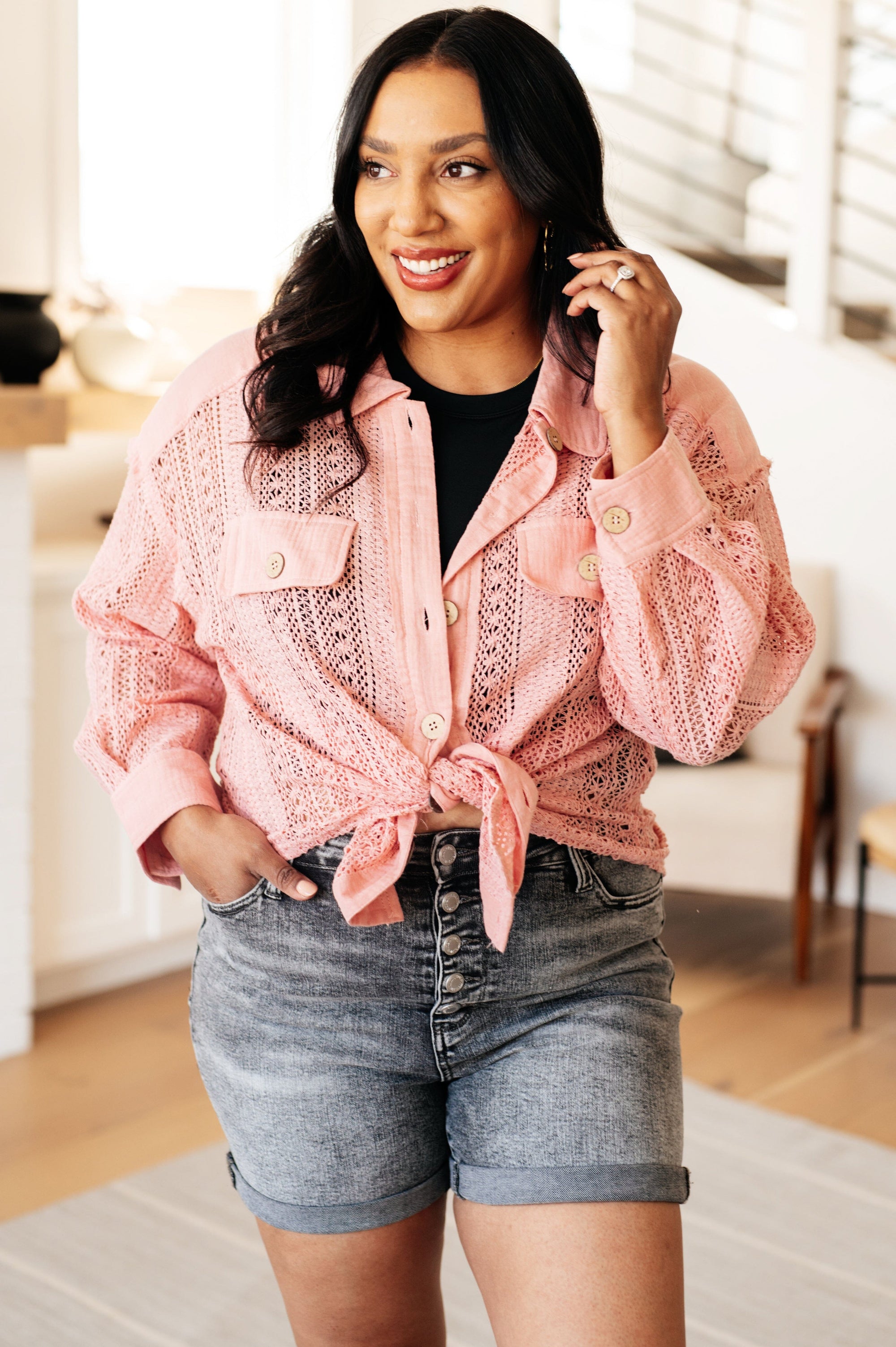 Sweeter Than Nectar Lace Button Down in Rose Tops Ave Shops 