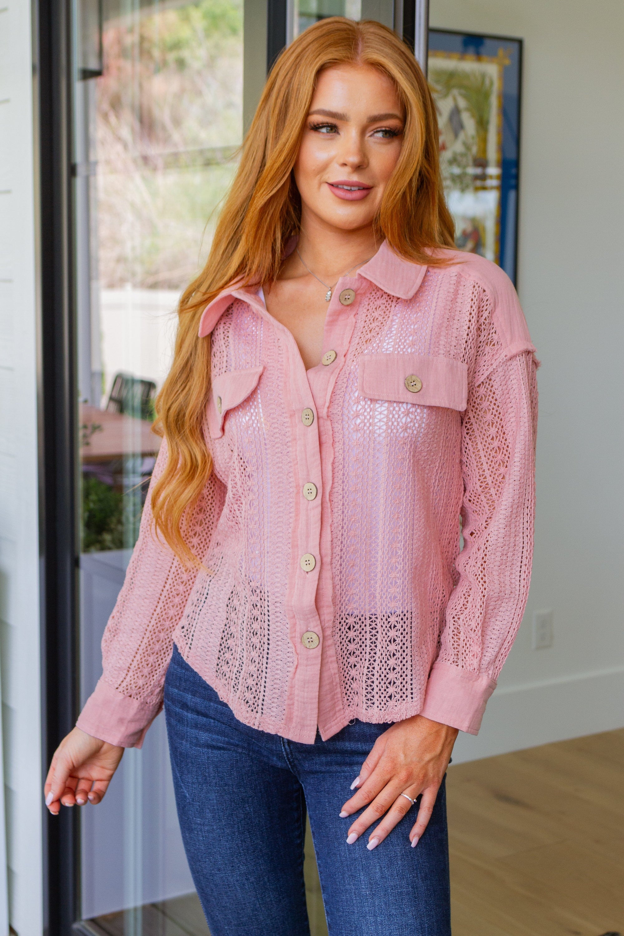 Sweeter Than Nectar Lace Button Down in Rose Tops Ave Shops 