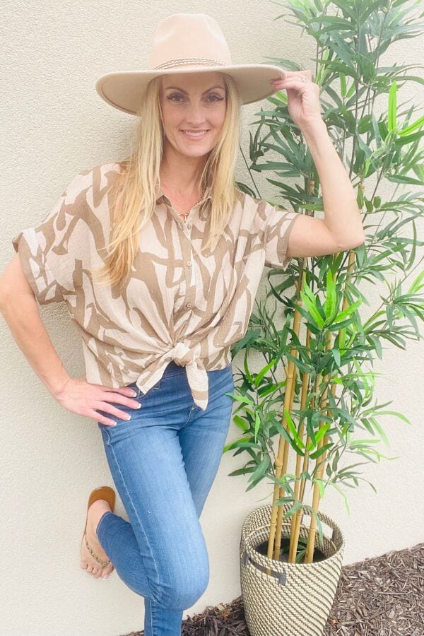 Taupe Abstract Collared Print Button Down Wide Top Shirts & Tops Umgee 