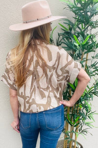 Taupe Abstract Collared Print Button Down Wide Top Shirts & Tops Umgee 