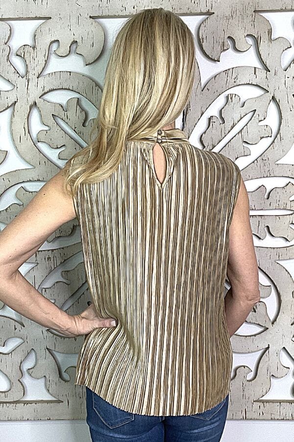 Taupe Sleeveless Satin Pleated Mock Neck Top Shirts & Tops Umgee 
