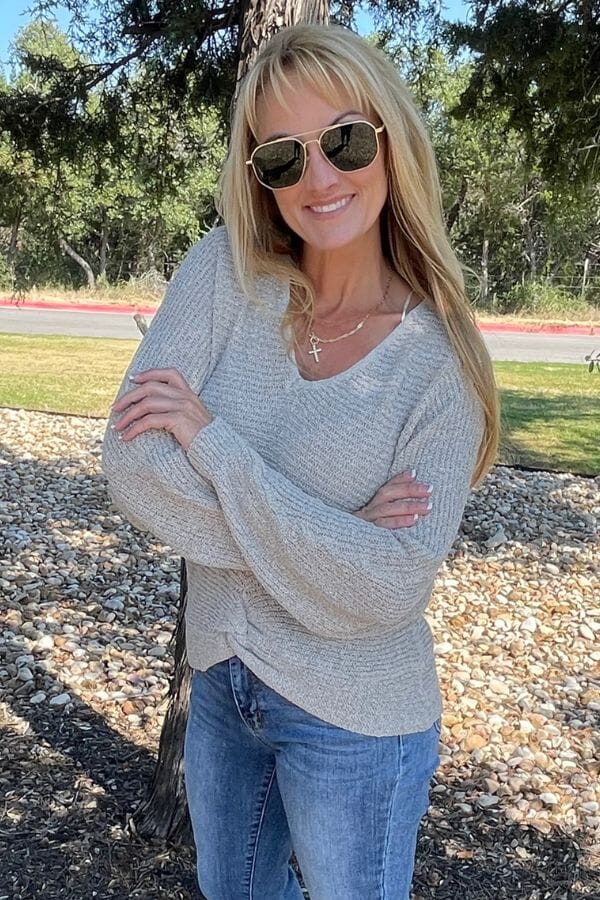 Taupe Twist Front Long Sleeve Pullover Sweater Shirts & Tops Umgee 