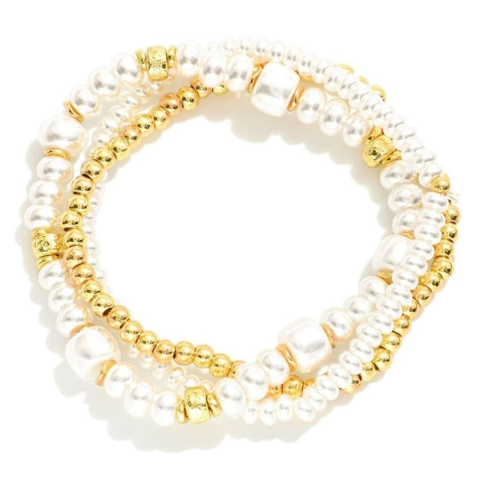 Three Beaded Stretch Bracelets Featuring Pearls & Metal Tones Bracelets Judson & Co 