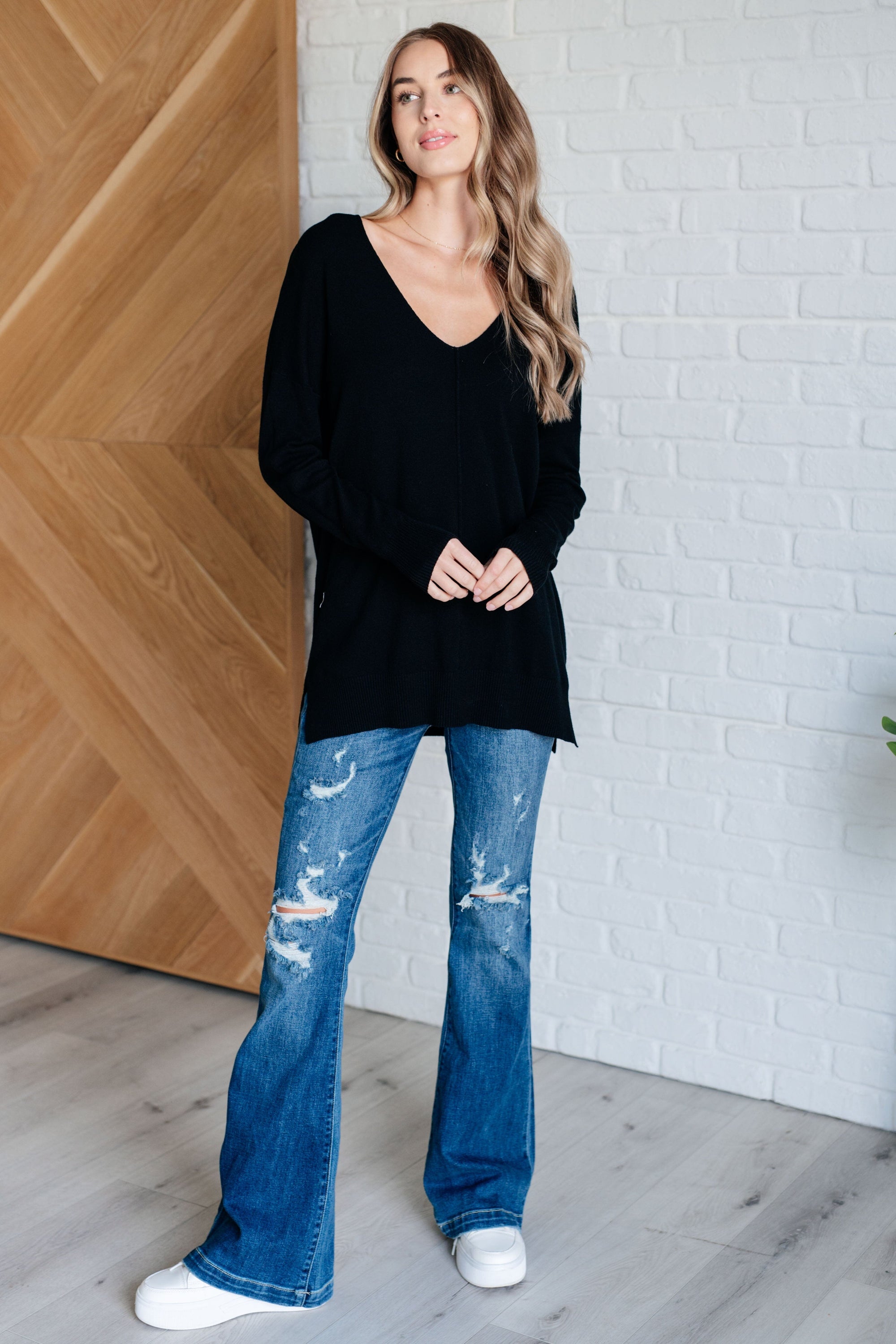 V-Neck Front Seam Sweater in Black Tops Ave Shops 