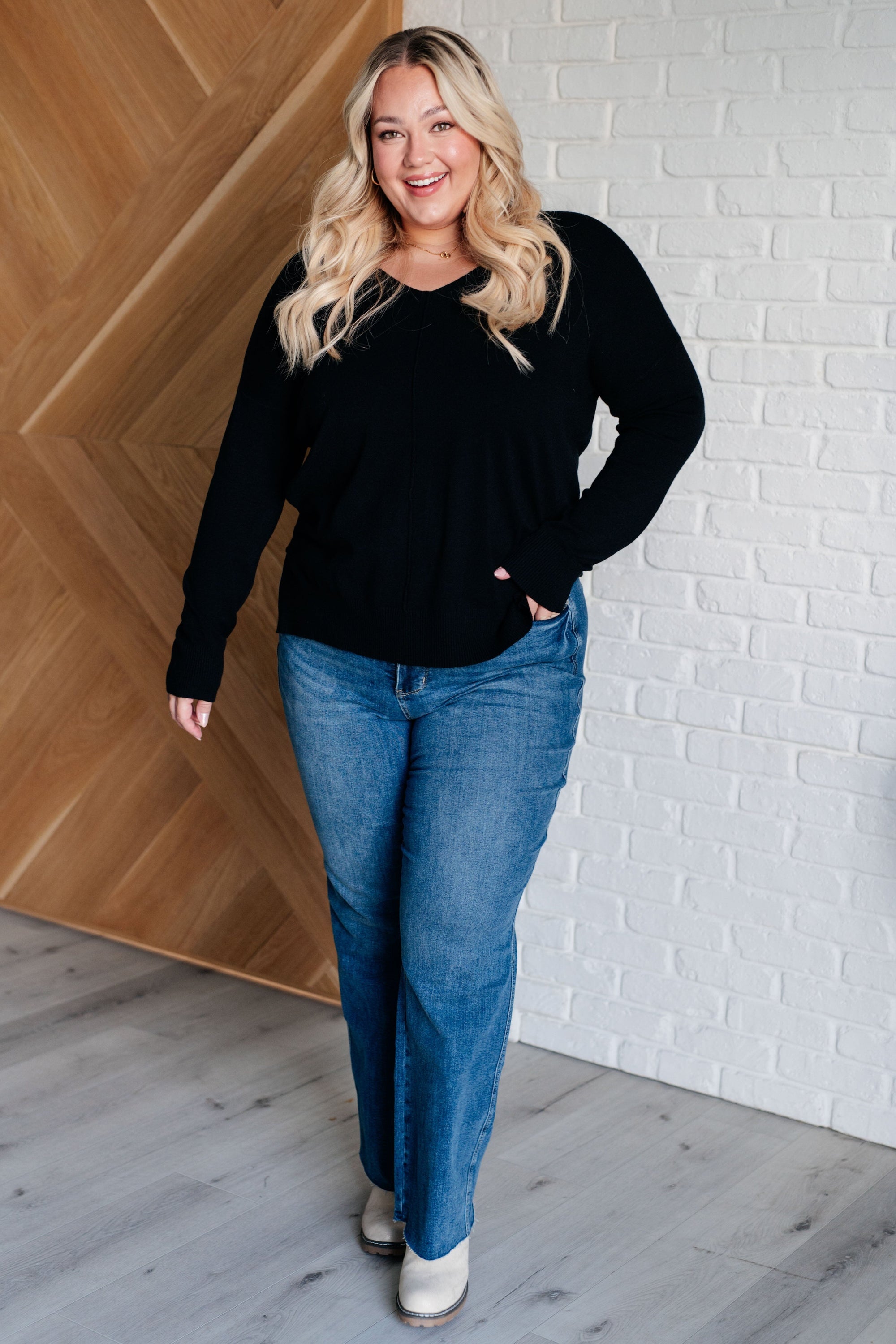 V-Neck Front Seam Sweater in Black Tops Ave Shops 