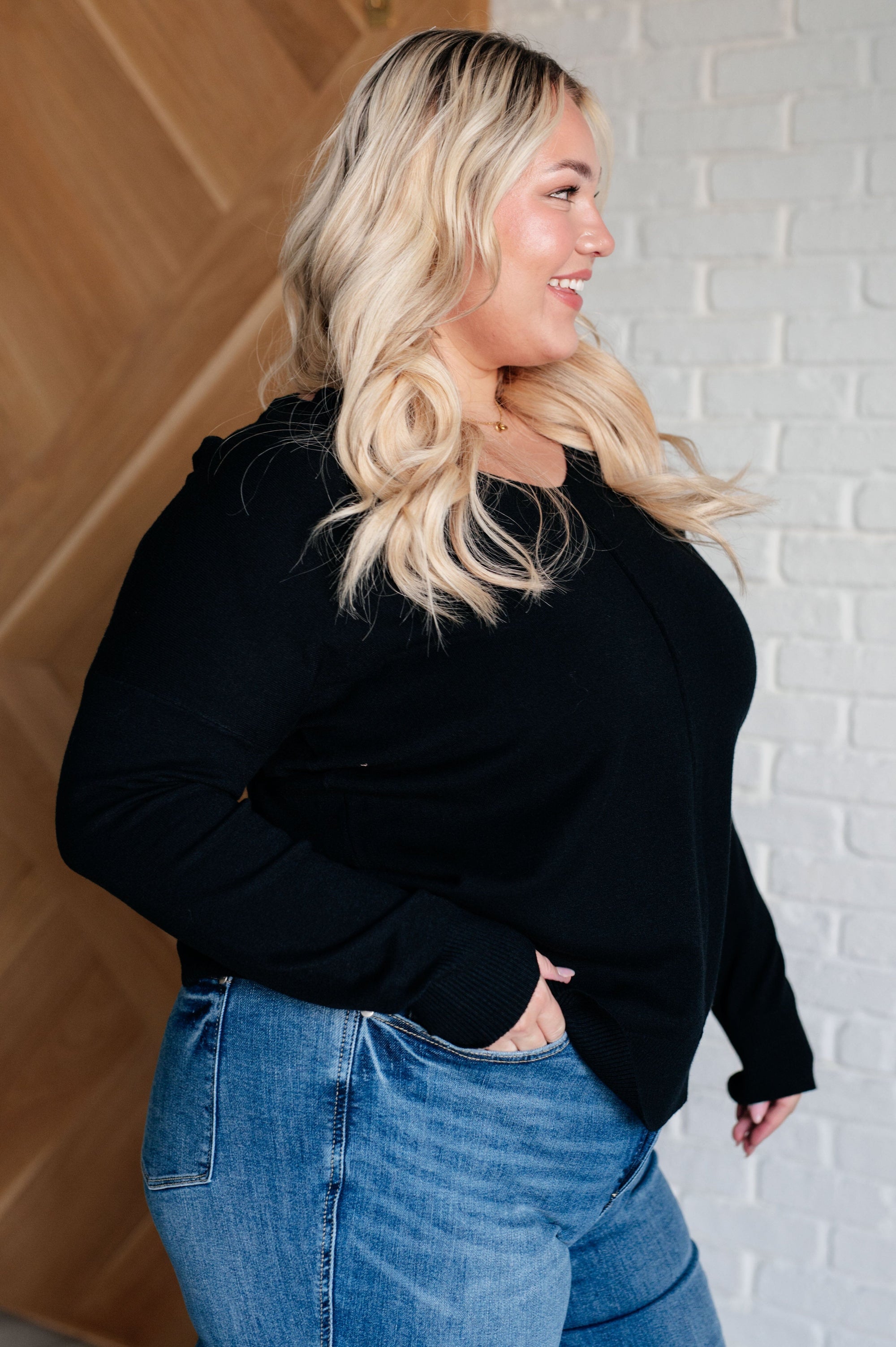 V-Neck Front Seam Sweater in Black Tops Ave Shops 