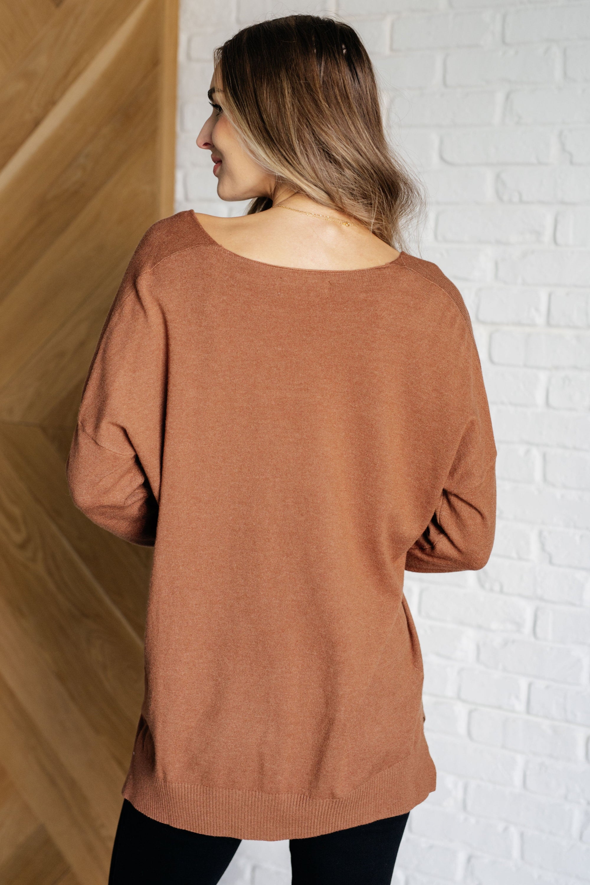 V-Neck Front Seam Sweater in Deep Camel Tops Ave Shops 