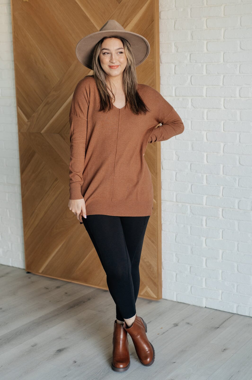 V-Neck Front Seam Sweater in Deep Camel Tops Ave Shops 