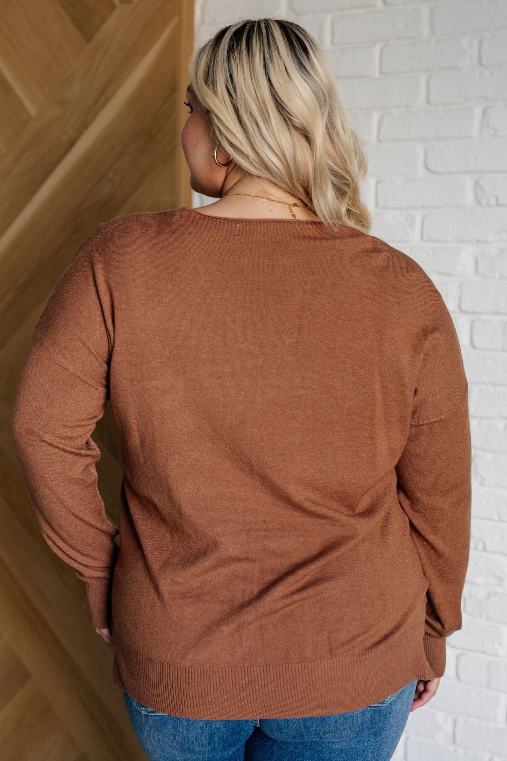 V-Neck Front Seam Sweater in Deep Camel Tops Ave Shops 