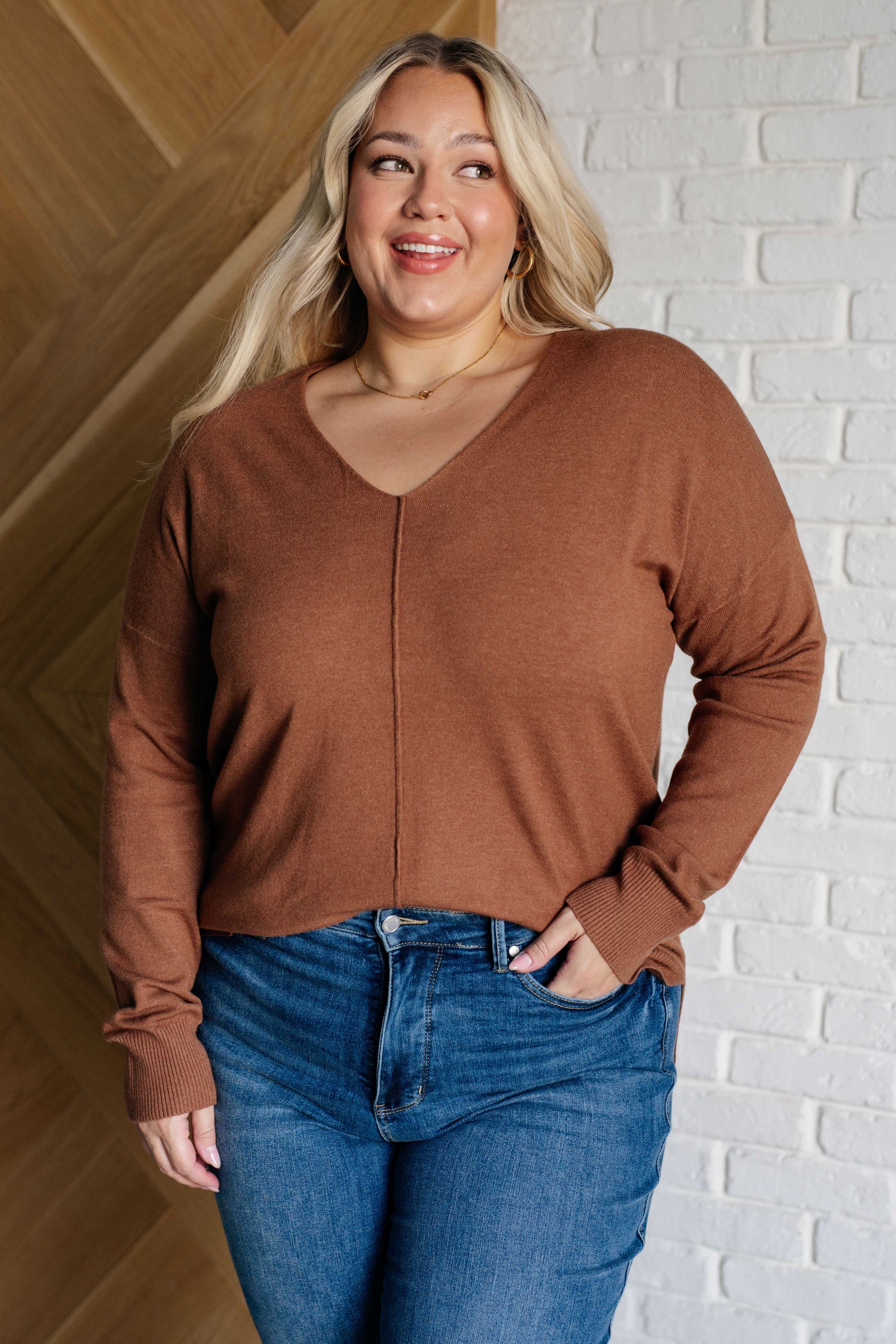 V-Neck Front Seam Sweater in Deep Camel Tops Ave Shops 