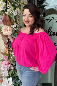 Vivid Pink Off Shoulder Balloon Sleeve Top Shirts & Tops La Miel 