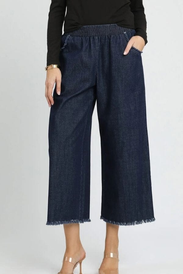 Washed Denim Pants with Fringe Hem Pants Umgee 