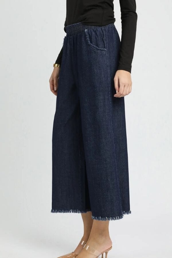 Washed Denim Pants with Fringe Hem Pants Umgee 