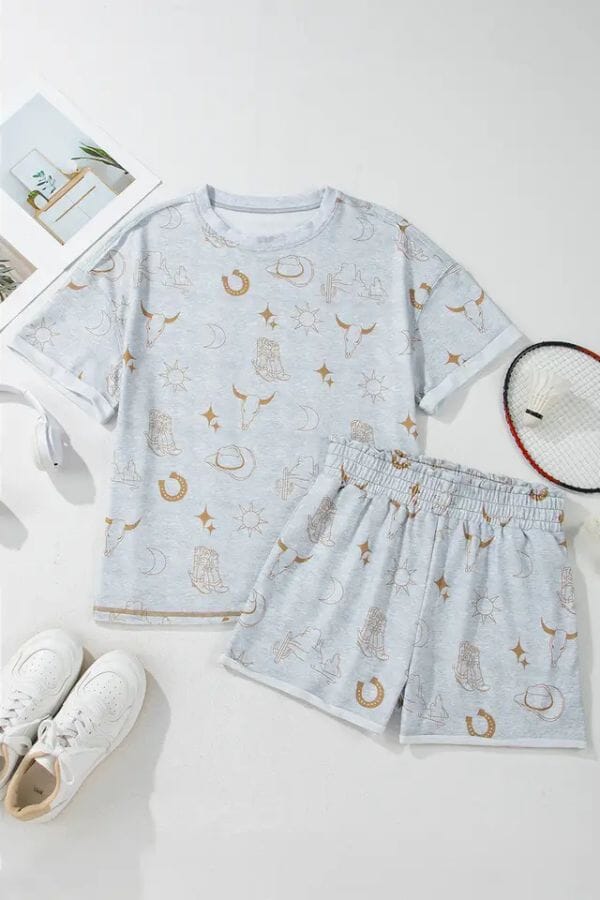 Western Fashion Printed T Shirt Elastic Waist Shorts Set Outfit sets LA Society 